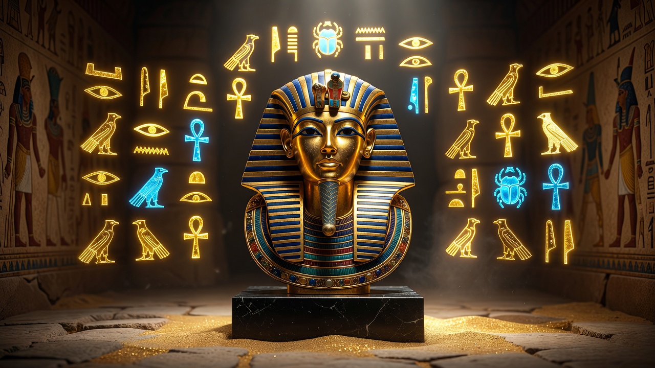 Golden Pharaoh mask and glowing ancient Egyptian hieroglyphics representing the premium slot game experience
