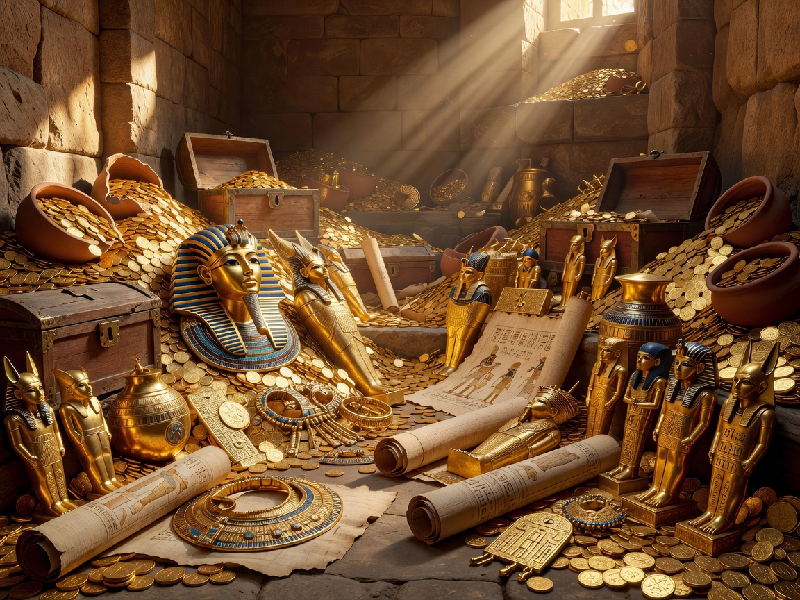 Golden treasure chamber filled with ancient Egyptian artifacts and coins