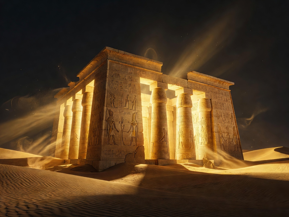 Mysterious glowing golden Egyptian temple with ancient carvings