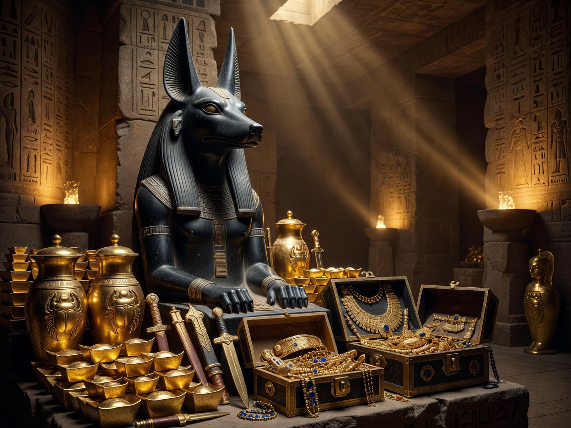 Statue of Anubis surrounded by golden relics and glowing temple light